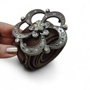 Brown Faux Leather Belt • Rhinestone Flower Buckle • Western Festival‎ Size 7